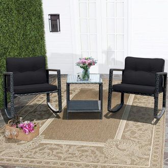 Costway 3 Pcs Outdoor Rocking Bistro Set PE Rattan Rocking Chair Set-Black