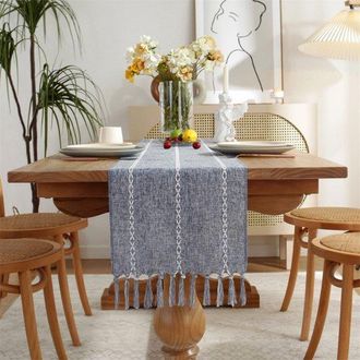 No Brand Estilo Bohemio, Color Crema, Estilo R&uacute;stico, Borlas, Lavable, Ideal Para Fiestas, Cumplea&ntilde;os, Decoraci&oacute;n De Bodas, Camino De Mesa Azul Oscuro, 33 X 27