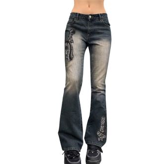 Generic Baggy Jeans Embroidered Pattern Womens Clothing Spicy Girl Gradient Printed Low Waisted Jeans for Women Jeans for Women UK Baggy Jeans Trousers Women 