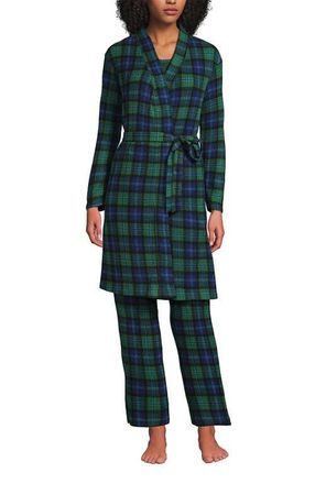 Lands End Brushed Cozy Waffle Jersey 3 Piece Pajama Set - Tank Top Pant and Robe in Light Emerald Blackwatch at Nordstrom, Size X-Small P