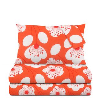 KASANOVA Completo letto matrimoniale corallo fiori bianchi