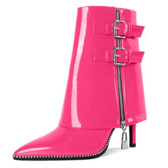EDEFS High Heel Boots for Women Mid Calf Fold Over Ankle Boots Winter Dress Comfortable Fashion Hot Pink UK9