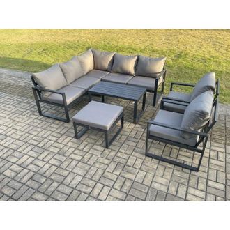 Fimous Fimous Aluminium Outdoor Garden Furniture Set Lounge Sofa Oblong Coffee Table Sets with 2 Pcs Chair Big Footstool Indoor Conservatory Set Dark Grey