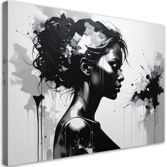 Feeby Cuadro Sobre Lienzo Retrato Femenino En Blanco Y Negro Con Peinado Floral 100x70
