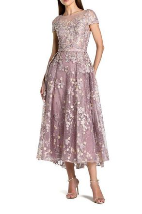 Mac Duggal Embroidered Cap Sleeve High Neck Midi Dress in Vintage Lilac at Nordstrom, Size 10