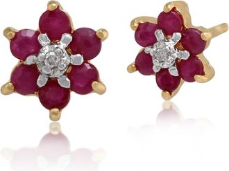 Gemondo Floral Round Ruby & Diamond 6 Stone Cluster Stud Earrings in 9ct Yellow Gold