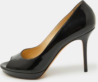 Jimmy Choo London Black Patent Leather Crown Platform Peep Toe Pumps