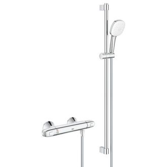GROHE Grohtherm 1000 Doucheset - thermostatische douchekraan - met glijstangset - 90cm - vierkante handdouche - 3 straalsoorten - gladde doucheslang - chroo