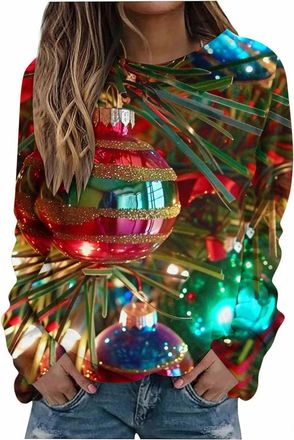 Generic Christmas Jumpers for Women UK Clearance Merry Christmas Tree Lights Novelty Sweater Crew Neck Oversized Sweatshirts Winter Casual Xmas Pullover Sweat