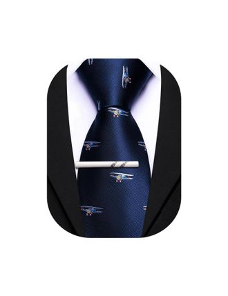 Barry.Wang Silk Ties for Men Fun Necktie and Tie Clip Set for Wedding Party Business Formal Extra Long, Plane Navy Blue, One Size