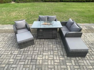 Fimous 6 Seater Rattan Outdoor Garden Furniture Sofa Set Gas Fire Pit Dining Table Gas Heater with Love Sofa Big Footstool in Dark Grey
