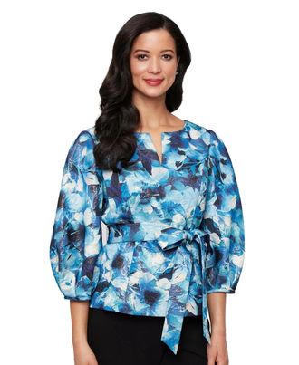 Alex Evenings Top Womens Blue Multi Floral Tie Waist 3/4 Sleeve Blouse PAL73