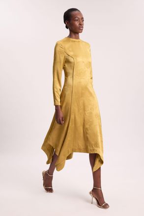 Karen Millen Womens Jacquard Long Sleeve Hanky Hem Woven Maxi Dress - Gold - Size 10 UK