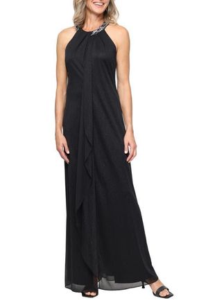 S.L. Fashions Embellished Halter Neck Sleeveless Glitter Gown in Black at Nordstrom, Size 12