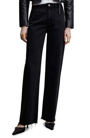 Mango Fray Hem Wide Leg Jeans in Black Denim at Nordstrom, Size 4