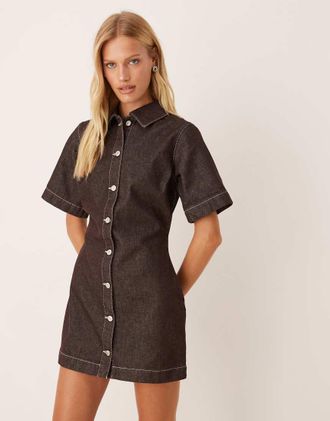 Asos Vestito camicia in denim aderente color cioccolato fondente-Marrone