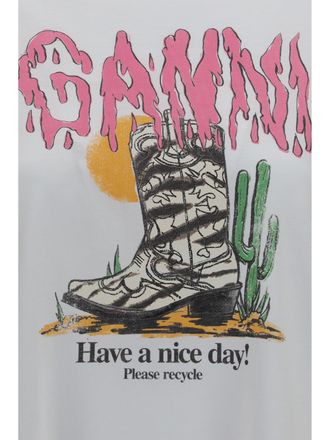 Ganni Womens Western T-Shirt With Cowboy Boots Bright White Cotton T-Shirts & Jerseys
