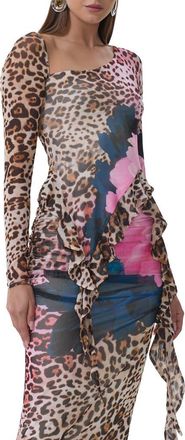 AFRM Doris Ruffle Asymmetric Mesh Top in Animal Block Peony at Nordstrom, Size X-Large