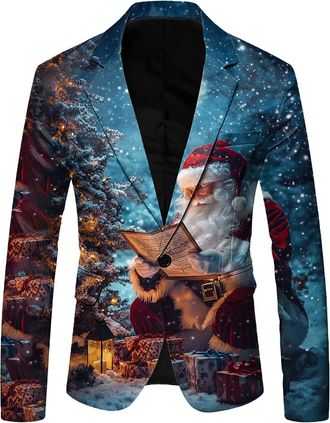 Generic Mens Christmas Suit Jacket Xmas Tree Printed Party Lapel Single Button Long Sleeved Suit Sports Jacket Lightweight Pocket Suit Classic Jackets Christm