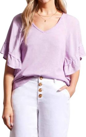 Tribal Raglan Pop Over V Neck Double Frill Short Sleeve Top In Lilac