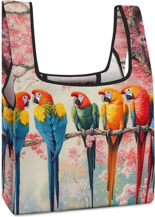 Generic Cherry Flowers Parrot Bird Shopping Bag Reusable Grocery Tote Bag Foldable Handbag for Travel Picnic
