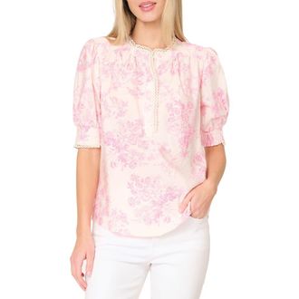 Gibsonlook Lace Trim Puff Sleeve Top in Romantic Toile at Nordstrom, Size X-Large
