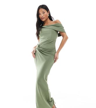 Tfnc Petite Bridesmaid fallen shoulder maxi dress with slit in dark green