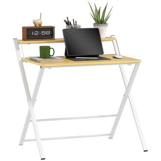 HOMCOM Folding Desk With 2-Tier Shelf For Home Office - Maple Wood-effect | TJ Hughes