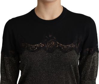 Dolce & Gabbana Womens Black Shiny Lurex Lace Insert Pullover Top