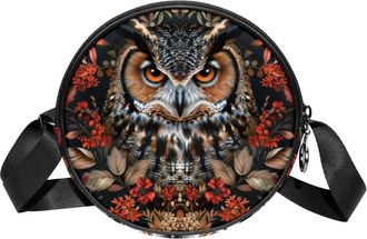 Generic Circle Crossbody Bag for Women, Owl Flowers Pattern Small Sling Bag Daypack with Zipper Adjustable Shoulder Straps Casual Ladies Girls Round Purse