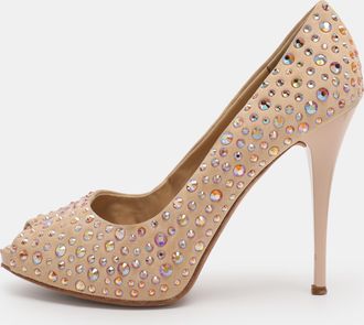Giuseppe Zanotti Beige Suede Crystal Embellished Peep Toe Pumps
