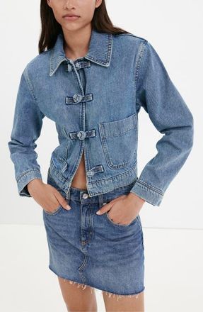 Mango Toggle Crop Denim Jacket in Medium Blue at Nordstrom, Size X-Large