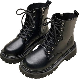 Generic British Style Combat Boots, Womens Platform Ankle Boots with Lace-Up Design, Velvet Padded Winter Motorcycle Boots, White Synthetic Leather with Chunk