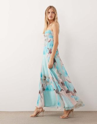 Asos Vestito lungo in chiffon blu a fiori con spalline sottili e godet-Nessun colore