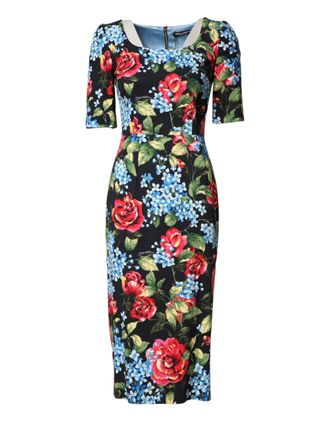 Dolce & Gabbana Black Floral Print Viscose Sheath Midi Womens Dress
