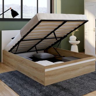 IDMarket Cama De Matrimonio Seaside Con Cabecero Y Somier 140 X 190 Cm En Haya Y Blanco