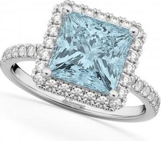 Allurez Princess Cut Halo Aquamarine & Diamond Engagement Ring 14K White Gold 3.47ct