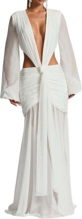 Generic Flowy Chiffon Cutout Waist Maxi Dress with Long Puff Sleeves Sexy Deep V Neck Floor Length Evening Gown