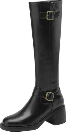 Generic Womens Cow Skin Round Toe Thick High Heels Riding Boots British School Zip French Thigh High Boots