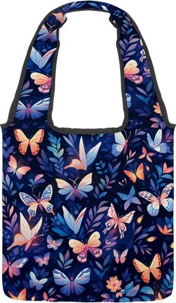 Generic Colorful Butterfly Reversible Canvas Shoulder Tote - Double-Sided Print, 12oz Cotton, 27cm Drop, Fold-Flat Bag for Travel, Shopping, Street Outings