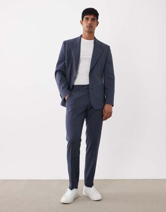Asos Pantaloni da abito slim fit in tweed di misto lana blu navy