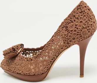 Ferragamo Brown Lace Bonita Platform Peep Toe Pumps