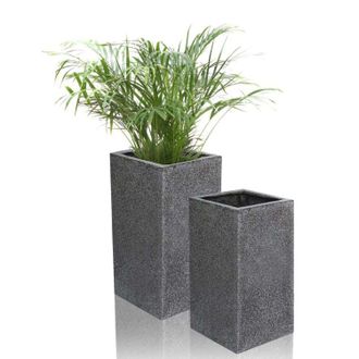 PRIMROSE Black Poly Terrazzo Stone Tall Cube Outdoor Planter Set of 2 H60cm & H79cm in Grey