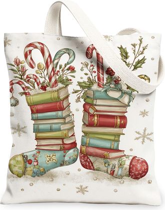 Generic Christmas Floral Canvas Tote Bags, Vintage Book Stack Pattern Reusable Grocery Bags, Lightweight Washable Shoulder Strap Ca, White, 13x15 Inch
