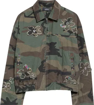Nahmias Crystal Embellished Floral Patch Camouflage Print Cotton Twill Jacket in Camo Twill at Nordstrom, Size Xx-Large