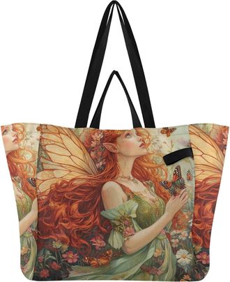 Generic Women Butterfly Orange pattern Reusable Canvas Tote Bag, Heavy Duty Grocery Shopping Bag with Double Handles Large Capacity Hard Bottom Work Groceries