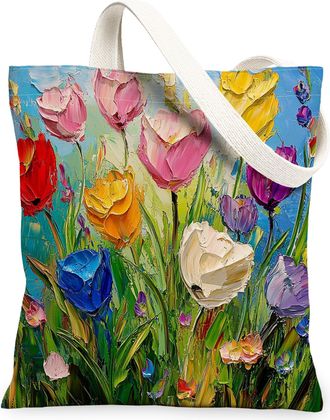 Generic Spring Oli Painting Tulip Canvas Tote Bag for Shopping 13x15, Floral Wildflower Garden Reusable Grocery Print Pattern Bag for Women Men, Flower Scene 