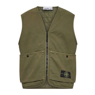 Stone Island Gilet met V-hals - Heren - Bodywarmers - Groen - S - Katoen - Jassen