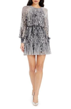 Dress The Population Aulden Metallic Print Abstract Print Long Sleeve Cocktail Minidress in Dove Multi at Nordstrom, Size Large