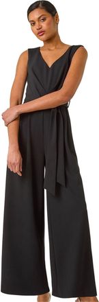 Roman Womens Pleat Detail Wide Leg Stretch Jumpsuit - Black - Size 20 UK